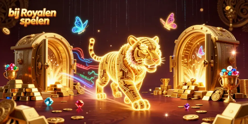 Bij Royalen spelen in een dynamische digitale casino-scène met een gouden tijger en schatkisten.
