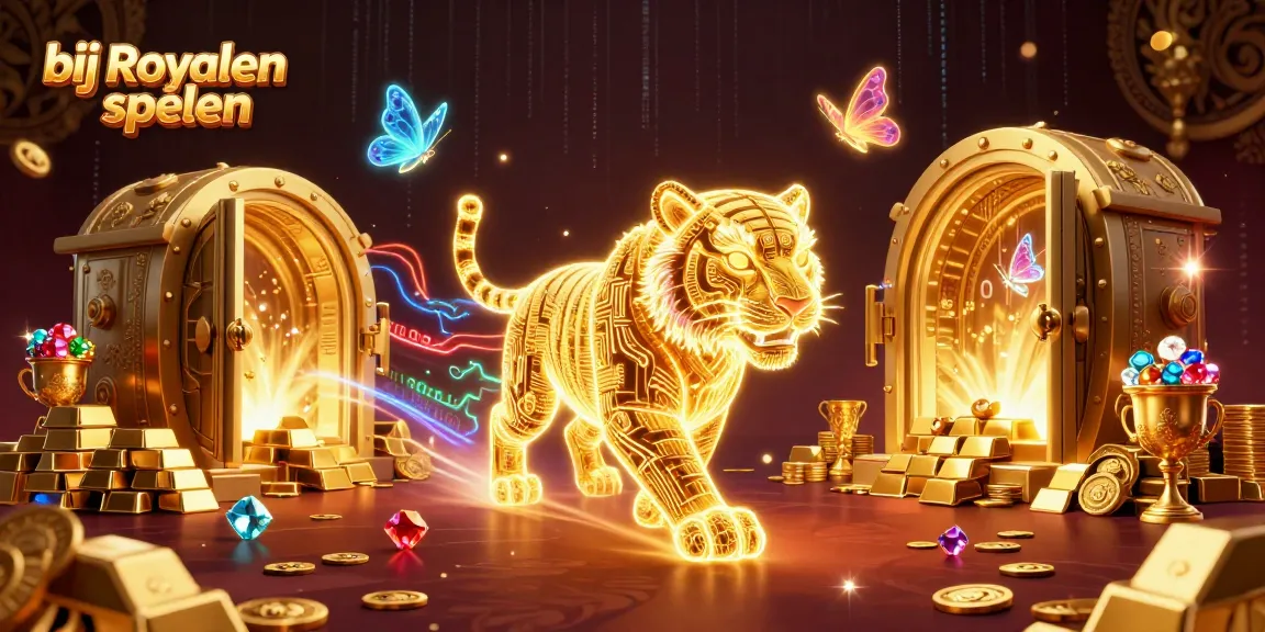 Bij Royalen spelen in een dynamische digitale casino-scène met een gouden tijger en schatkisten.