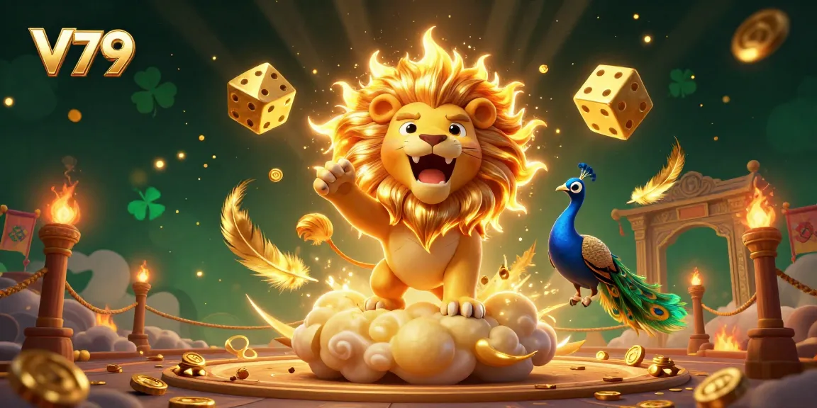 Experience excitement at V79 with a roaring sun lion, golden dice, and vibrant casino elements.