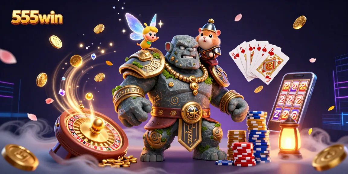 Engage with the thrilling 555win casino experience, featuring a golem guardian and sparkling gems.