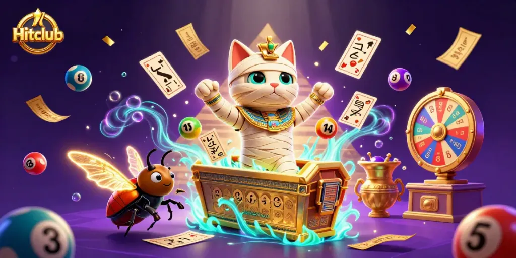 Hitclub showcases an Egyptian mummy cat and gold elements in a vibrant casino setting.