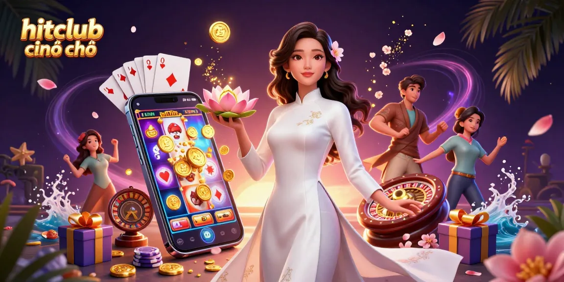 Experience the excitement of hitclub chính chủ with captivating gaming elements and a serene Asian woman embodying elegance.
