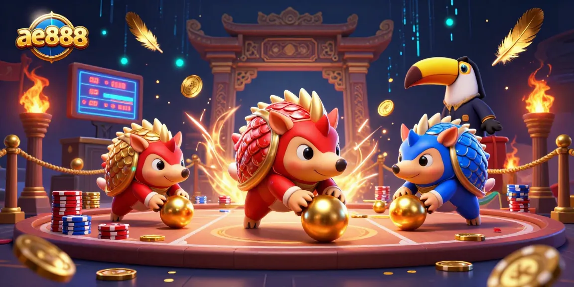 Engage with ae888's thrilling gaming experience as pangolins compete through poker chips.