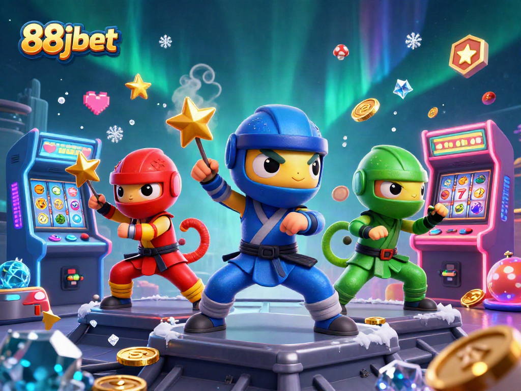 88jbet showcases ninja chameleons amid colorful casino elements, blending gaming with excitement.