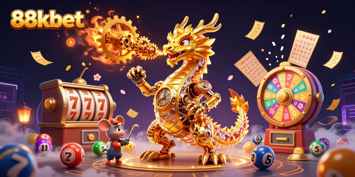 Experience thrilling gameplay at 88kbet with vibrant slot reels, golden dragon, and lottery action.