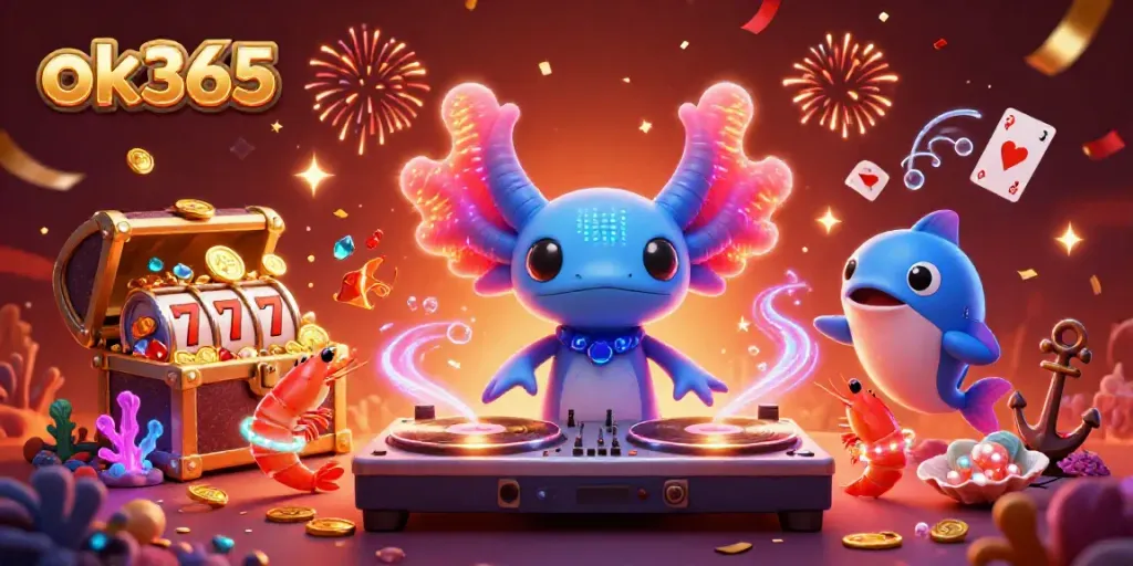 Experience the vibrant undersea adventure at ok365 with a neon axolotl DJ surrounded by slot games and festive elements.