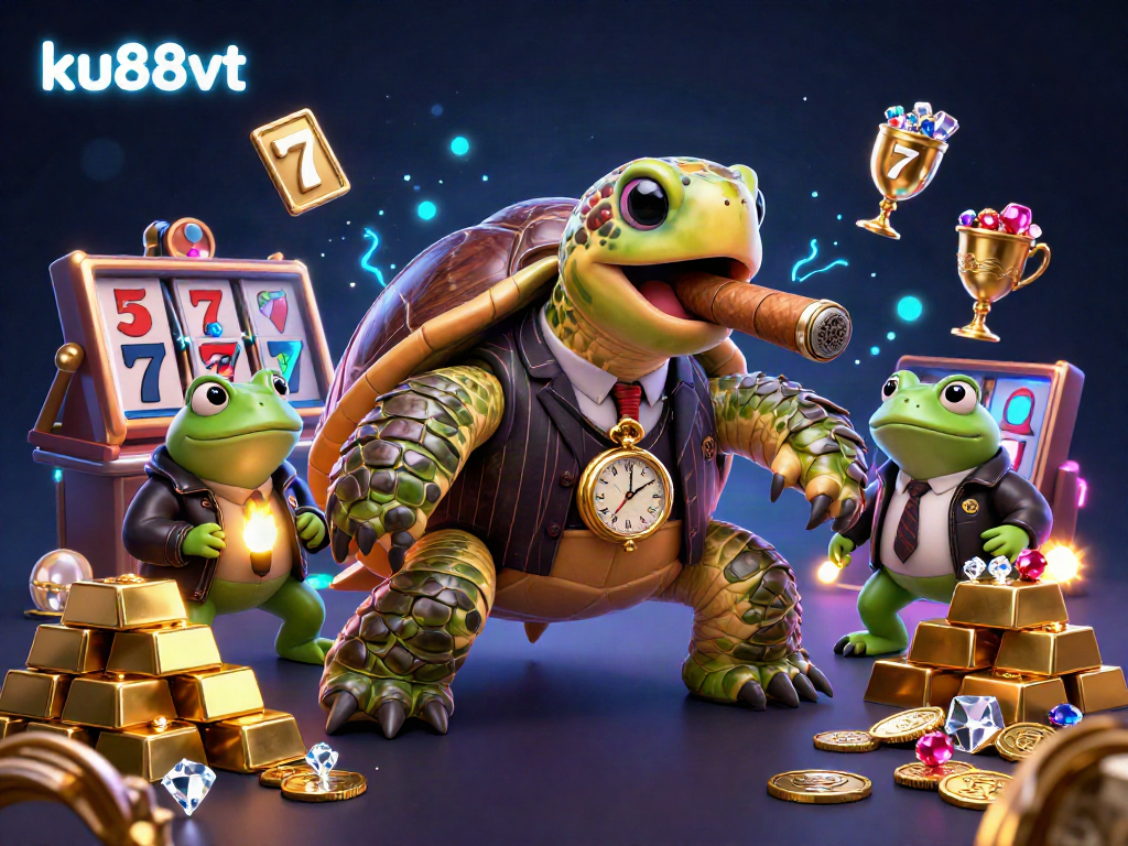 Experience the excitement at ku88vt with cartoon characters in a vibrant casino scene filled with jewels and luck.