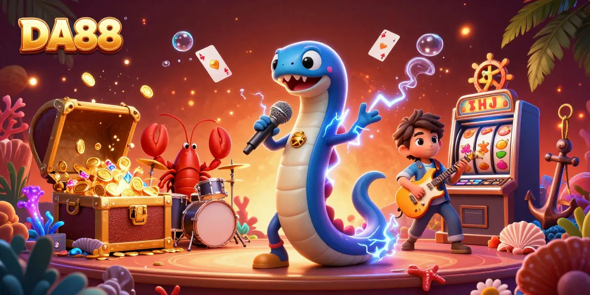 Experience the thrill of DA88 with a vibrant underwater casino scene showcasing animated characters playing slots.