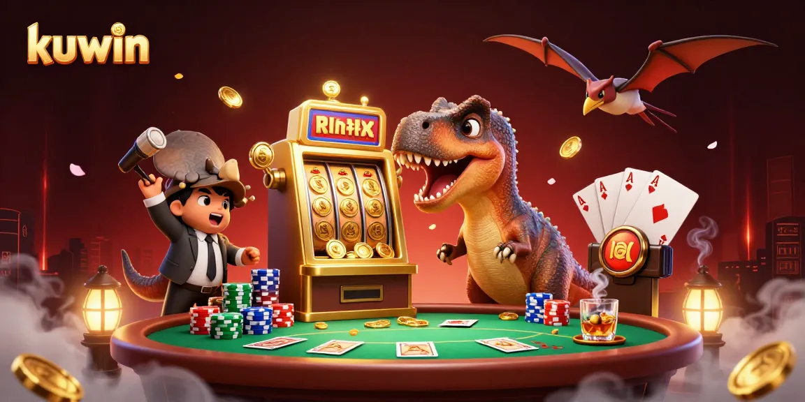 Kuwin's pachycephalosaurus celebrates a jackpot win, showcasing a vibrant casino scene filled with poker elements and dynamic coin action.