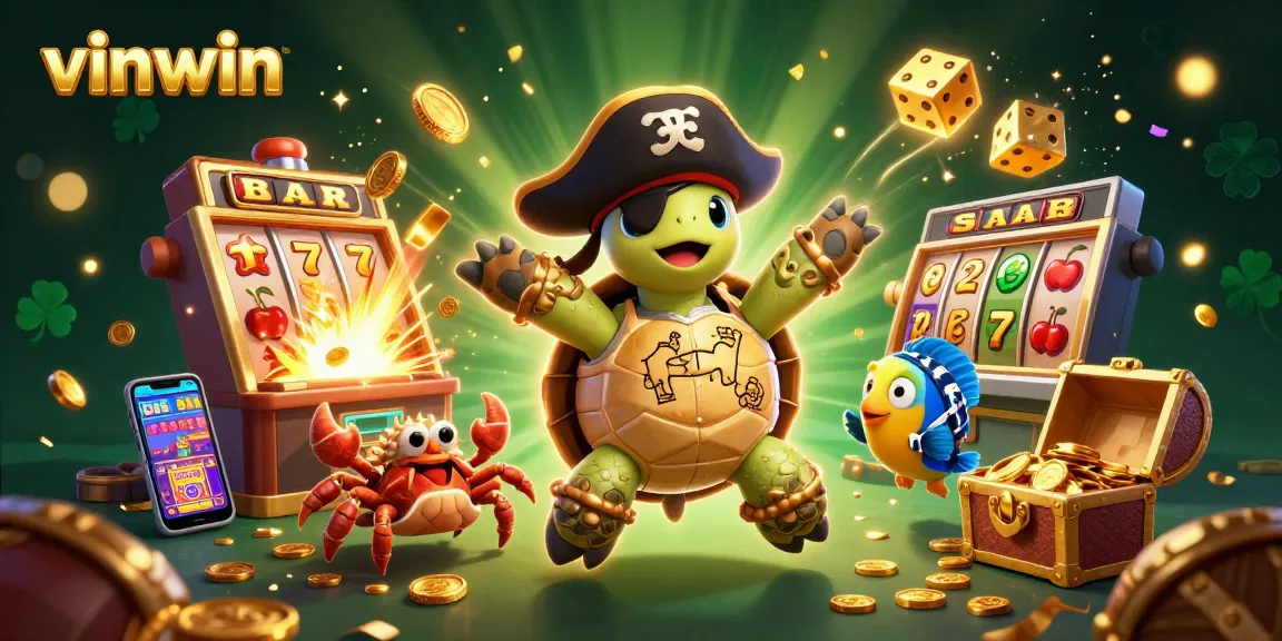 Experience thrilling gaming action at vinwin with a vibrant 3D cartoon casino scene featuring exciting slot machines and treasures.