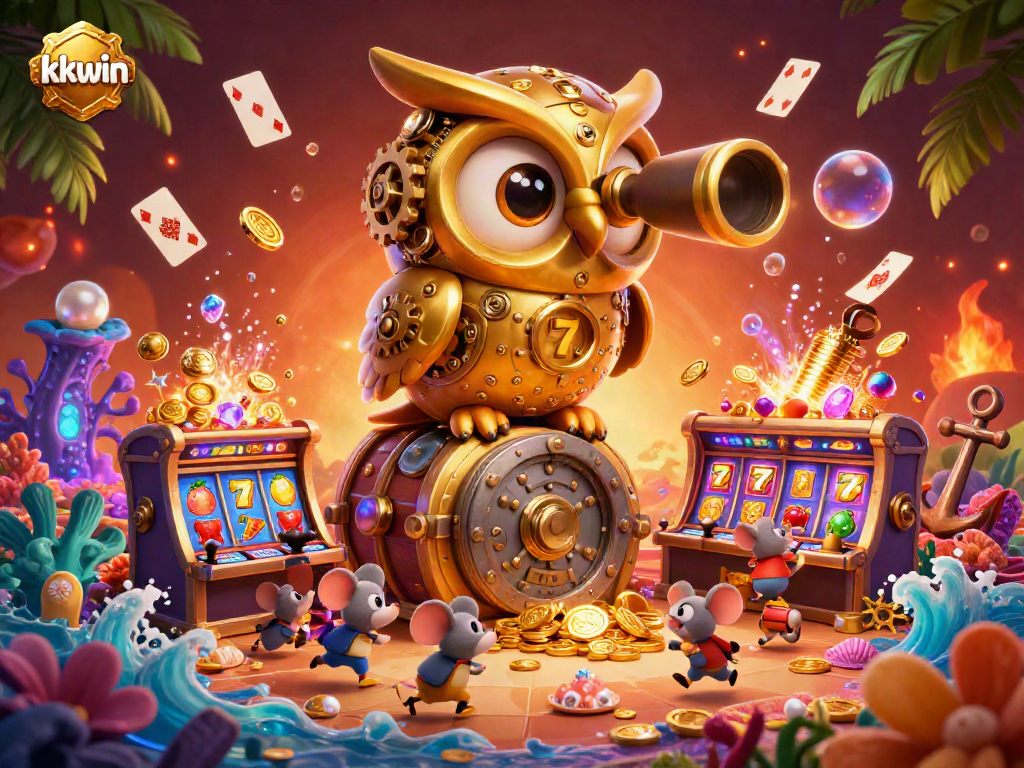 Experience the thrill of kkwin with a vibrant, 3D illustration depicting a golden owl and lively casino ambiance.