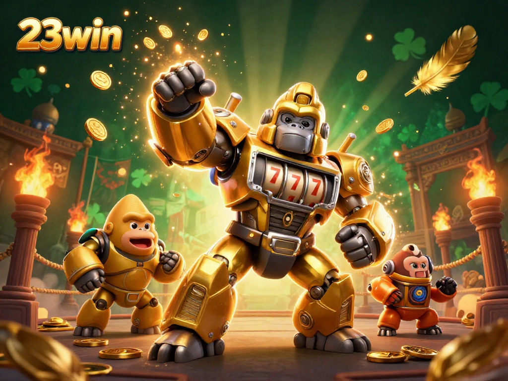 Experience thrilling excitement at 23win with a dynamic 3D illustration of a golden gorilla mech and gambling elements.