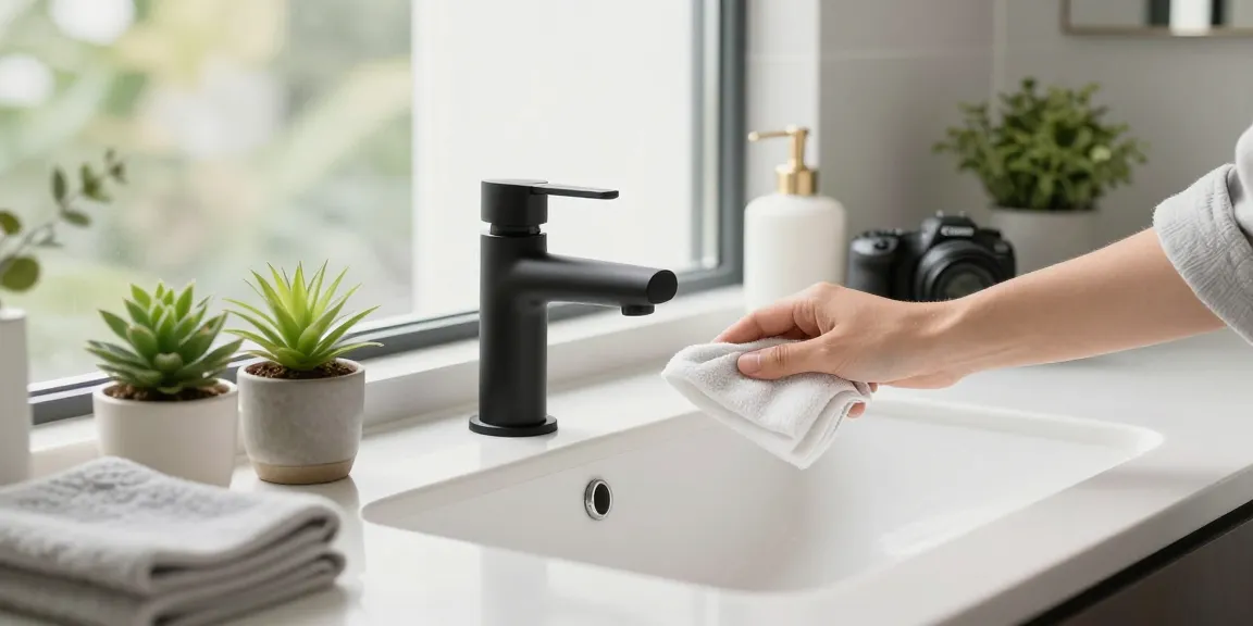Een moderne design kraan in een minimalistische badkamer met planten en schoonmaakproducten.