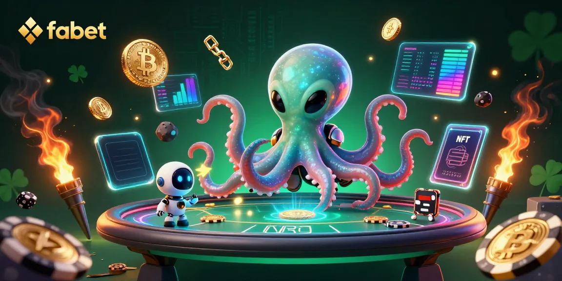 Experience thrilling games at fabet with a lively 3D depiction of an alien octopus playing poker and surrounding crypto coins.