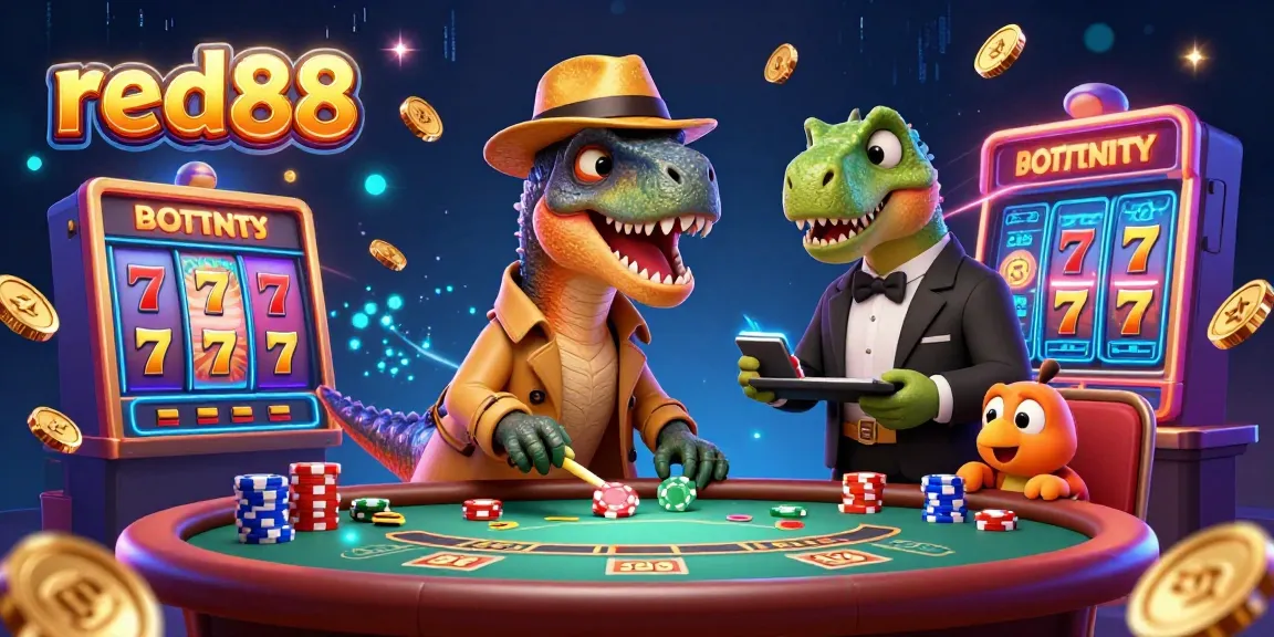 Experience thrilling gameplay at red88 with a cartoon velociraptor card counter amidst vibrant 3D casino elements.