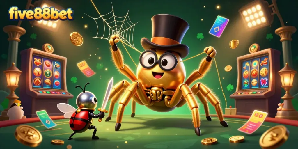 Experience five88bet action with a golden tarantula and beetle knight in a vibrant casino scene.