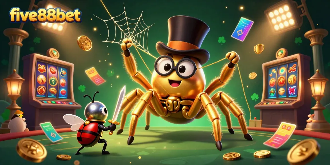 Experience five88bet action with a golden tarantula and beetle knight in a vibrant casino scene.
