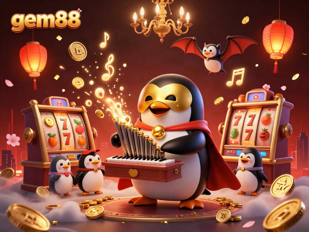 Experience the thrill of gem88 with a magical penguin playing in a vibrant casino scene.