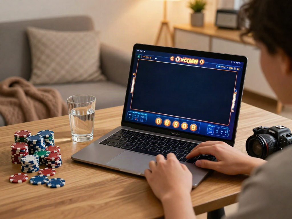 Engaging in online gaming on KU88 platform with laptop and casino chips.