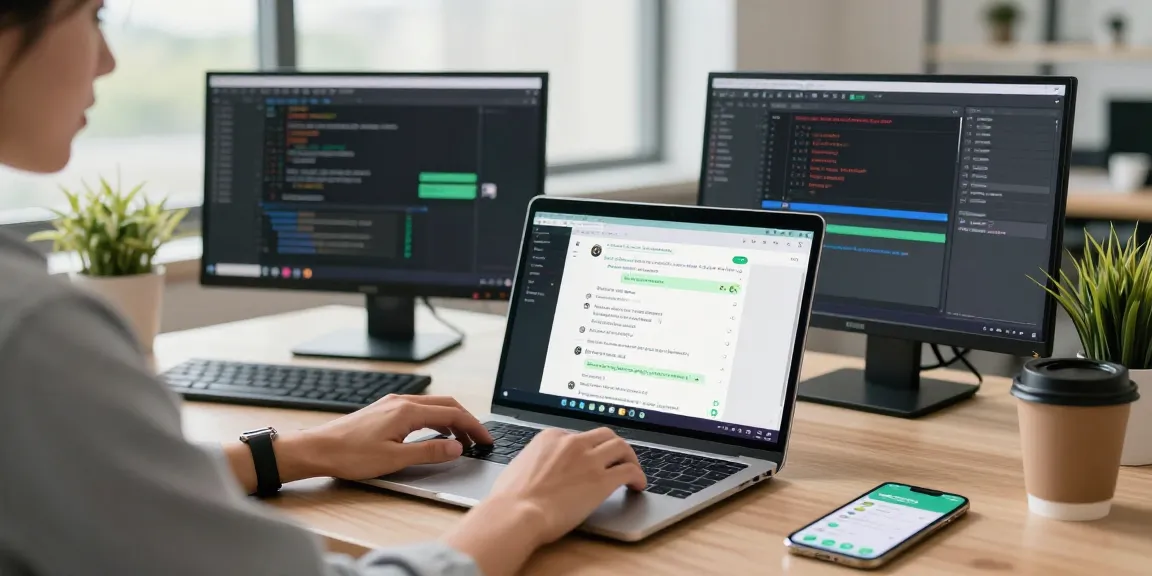 Engaging with WhatsApp電腦版 on laptop in a modern tech workspace
