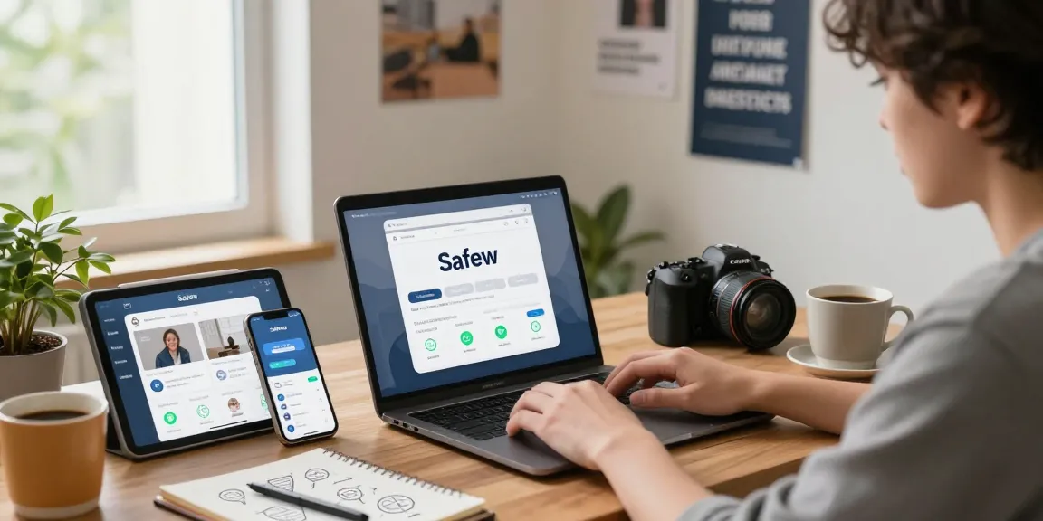 使用Safew进行安全通信的现代家庭办公室场景，展现隐私保护的重要性