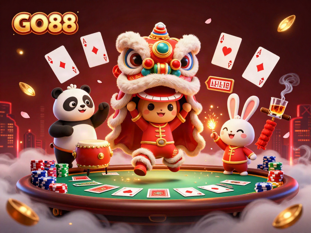 Experience excitement at GO88 with lively characters performing a lion dance at a vibrant casino setting.