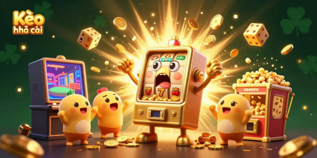 Experience Kèo nhà cái thrills with animated slot machines hitting jackpots in a vibrant casino scene.