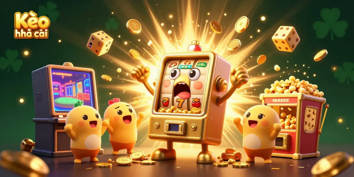 Experience Kèo nhà cái thrills with animated slot machines hitting jackpots in a vibrant casino scene.