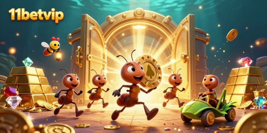 Engaging scene of a 3D cartoon team executing a heist for golden poker chips, highlighting 11betvip excitement.