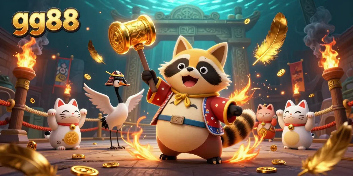 Engage in thrilling gaming at gg88, a vibrant scene with a cheerful tanuki and lucky symbols.