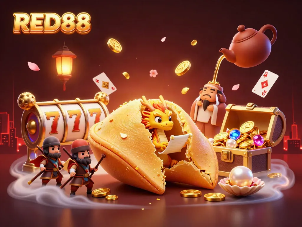 Experience the exciting dynamics of RED88 with a lively 3D casino scene featuring a golden fortune cookie and gaming elements.