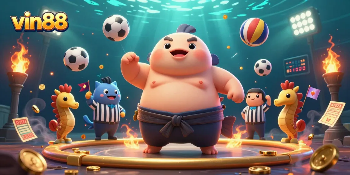 Join the excitement at vin88 with a dynamic underwater casino scene featuring a fugu, referee, and sports elements.