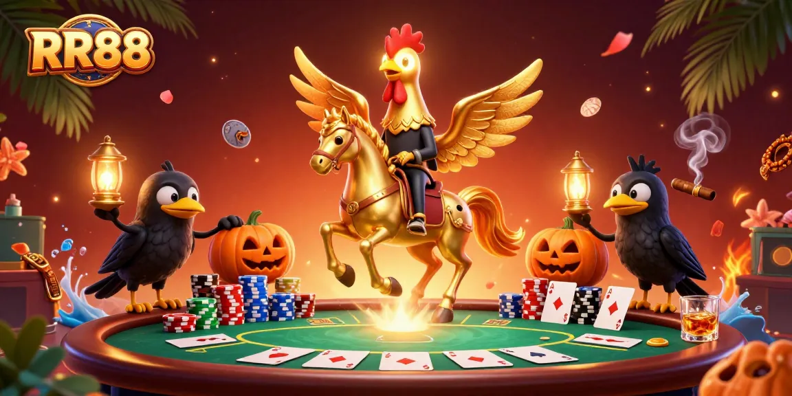 Engage in thrilling gameplay at RR88 casino featuring a golden rooster and friends in a lively midnight setting.
