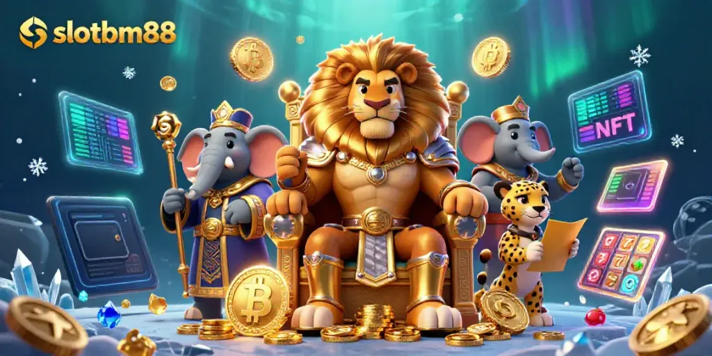 Experience the spirit of slotbm88 with this vibrant 3D scene showcasing characters in a casino-rich environment.