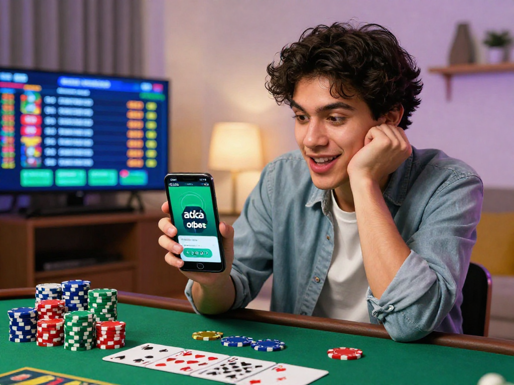 Excited user interacting with nhà cái oxbet mobile app while enjoying a lively gaming atmosphere.
