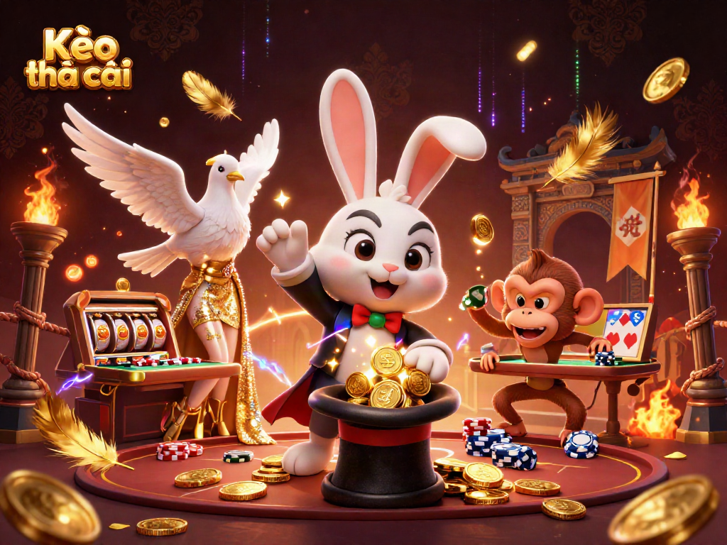 Kèo nhà cái showcases a lively 3D scene with a magician rabbit, a glamorous dove, and a monkey amidst casino excitement.