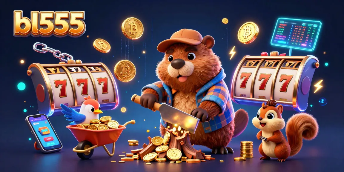 Experience winning at bl555 with a vibrant casino-themed illustration showcasing slot reels and golden coins.