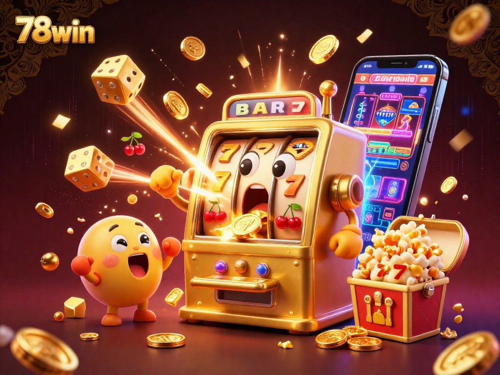 Win big at 78win as the golden slot machine celebrates its jackpot with cheering companions.