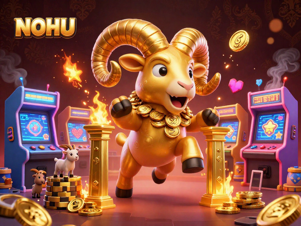 NOHU showcases a massive golden ram charging through a dynamic casino scene filled with vibrant gaming elements.