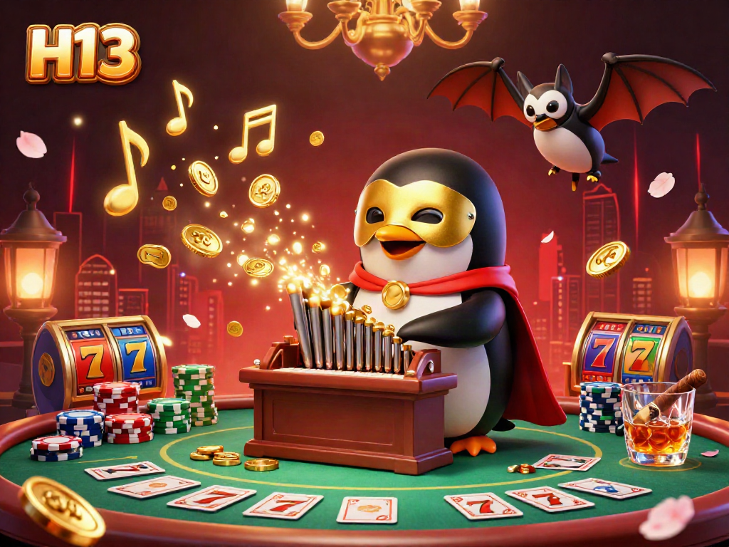 Experience thrilling gameplay with H13 as a penguin plays an organ shooting coins while a bat performs above.