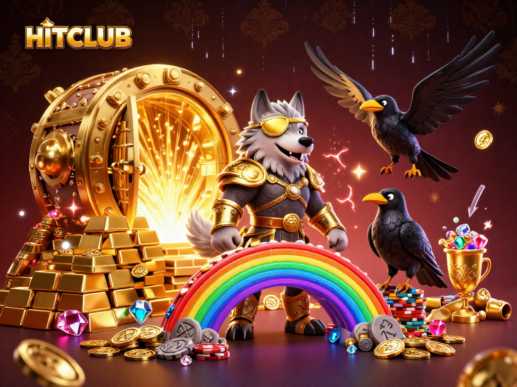 HITCLUB showcases a vibrant 3D scene with Norse mythology-inspired characters celebrating gaming treasures.
