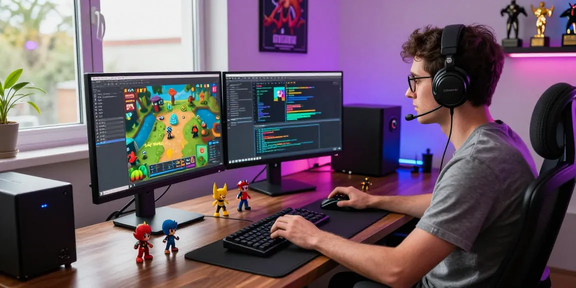 An immersive tech workspace at https://sc88.chat/ featuring a game developer creating vibrant game designs with dual monitors and gaming peripherals.