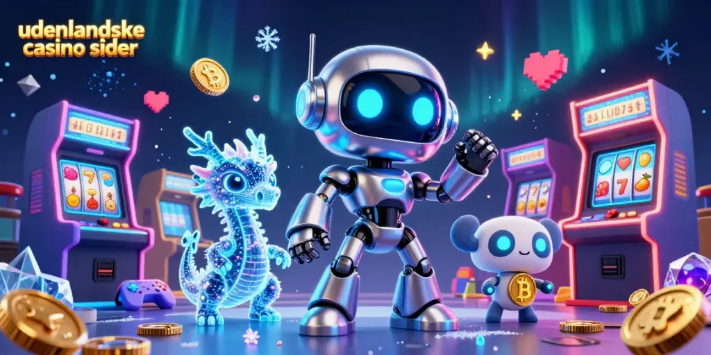 Engage with udenlandske casino sider, featuring a thrilling 3D illustration of a cyberpunk robot, holographic dragon, and bitcoin drone in a vibrant casino-themed scene.
