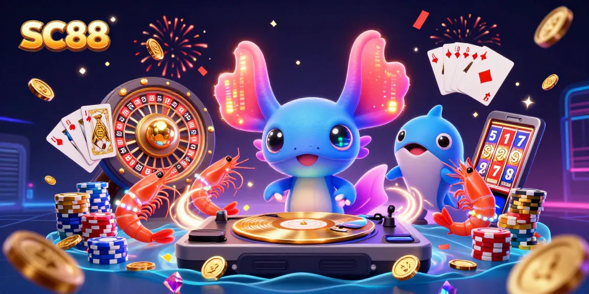 Spin to win with SC88 in a vibrant 3D casino scene of axolotl DJ, shrimp dancers, and dazzling gems.