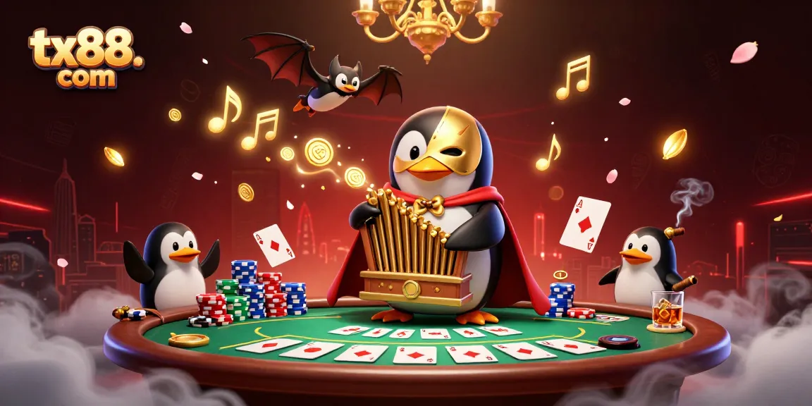 Experience thrilling action at tx88. com with a vibrant casino scene featuring games, golden coins, and acrobatic characters.
