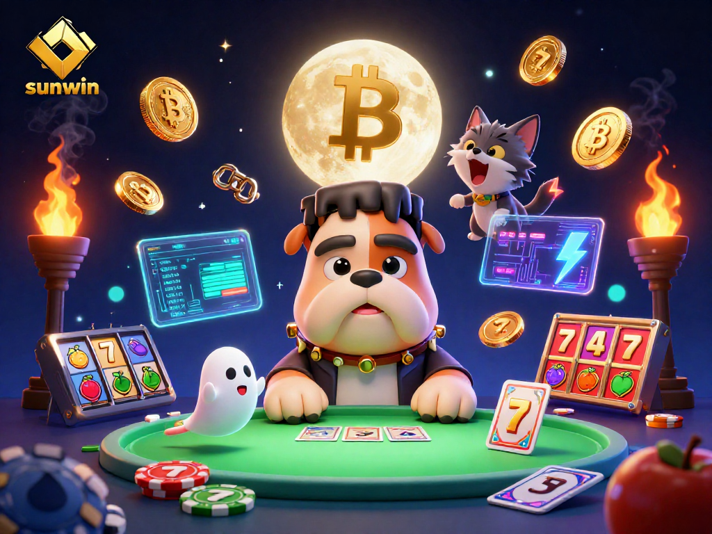 Join the action at sunwin with a Frankenstein bulldog dealing cards at a vibrant casino.