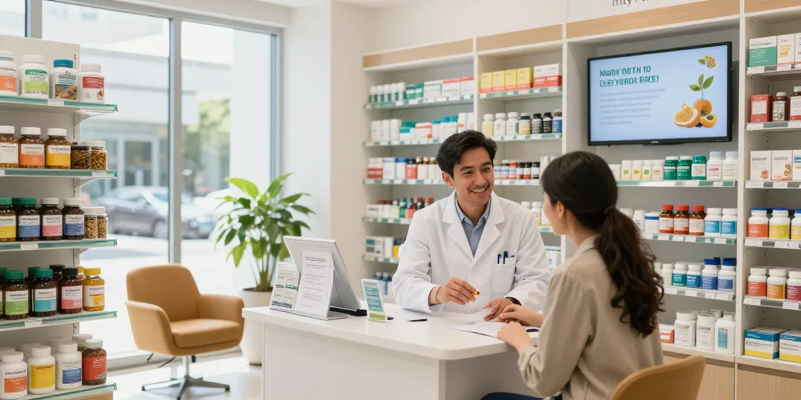 Een klant wordt geholpen in de Unieke Pharma Shop met gezondheidsproducten en supplementen.