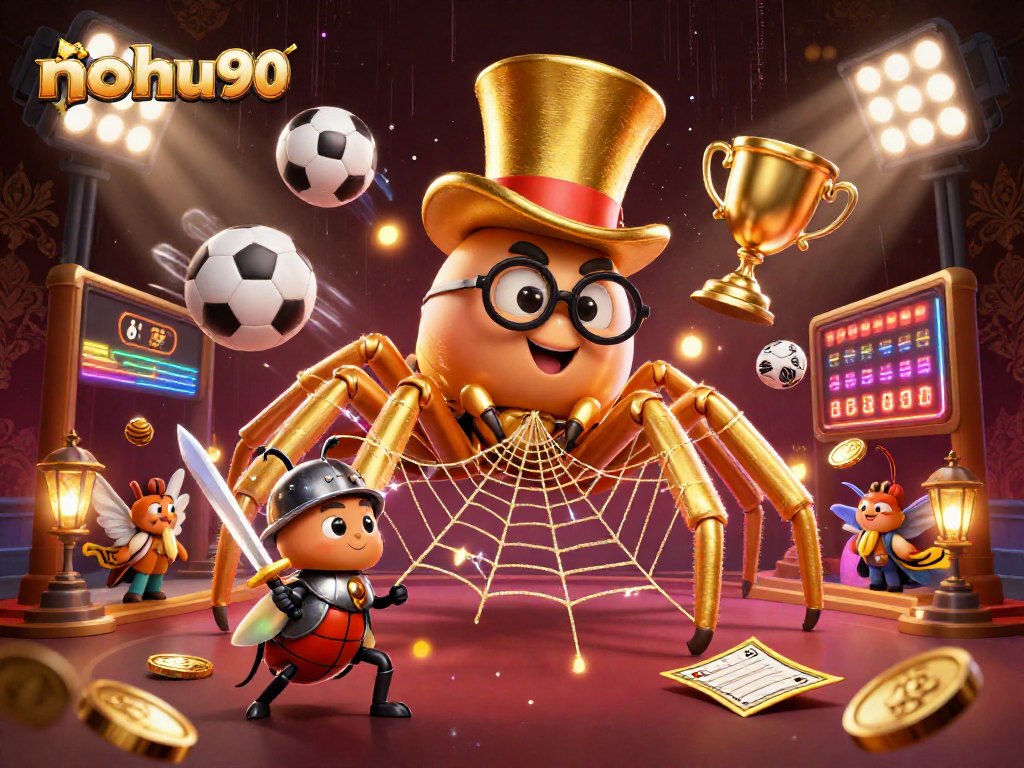 Nohu90 captures thrilling sports betting action with a tarantula and beetle in a vibrant casino scene.