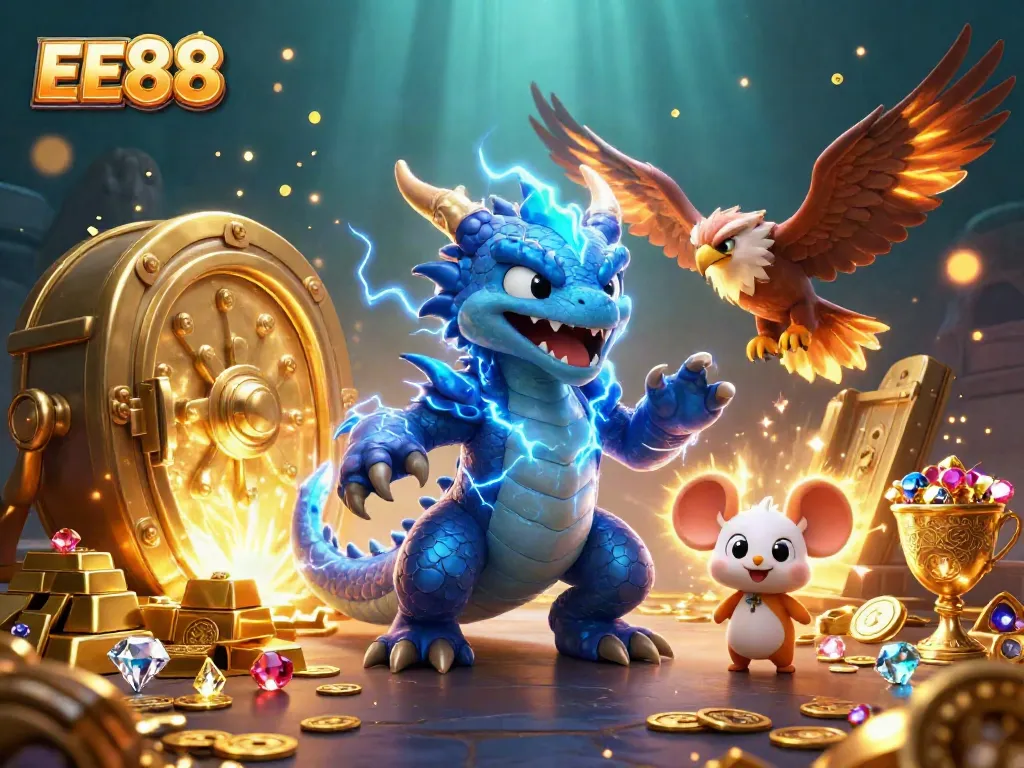 Engage in thrilling gameplay at EE88 with a lightning dragon, hawk, and treasure surrounding them.