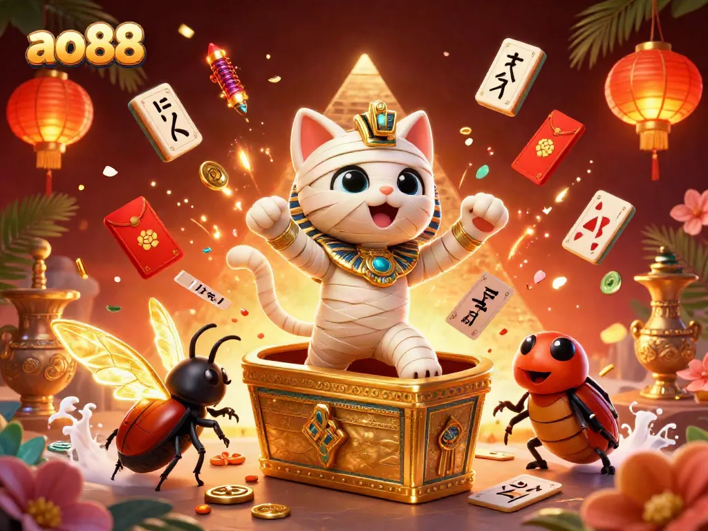 Play at ao88, enjoy thrilling casino adventures with a mummy cat and vibrant gaming elements.
